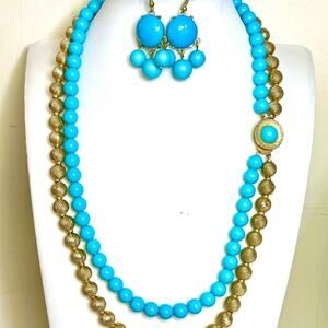 Vintage Necklace Signed CORO Turquoise Blue Bead Gold Tone Costume Jewelry A24